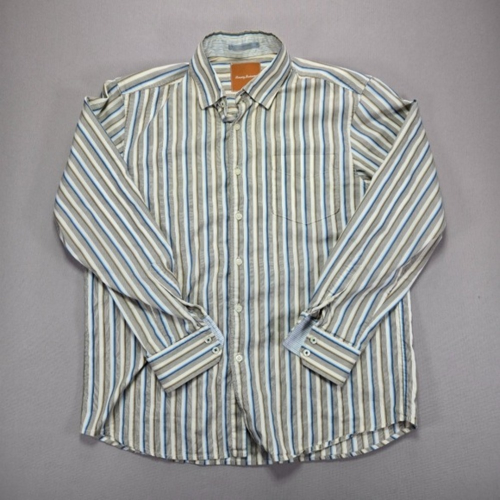 Tommy Bahama‎ Striped Button Down 100% Cotton Casual Dress Shirt Blue Brown L